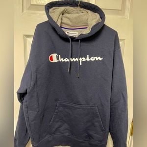 Champion hooded sweatshirt. Navy. Medium.